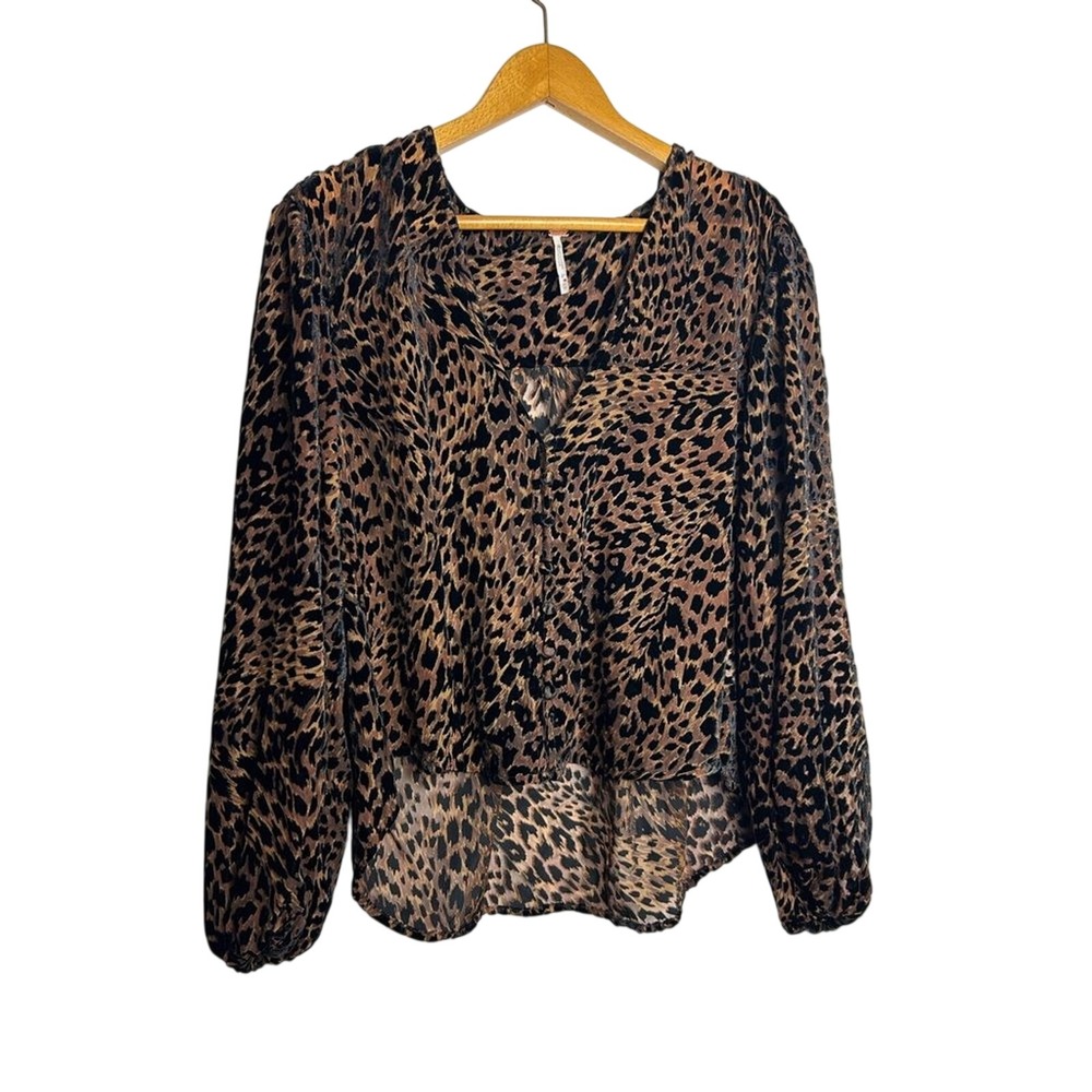 Free People Animal Print Burn out Top Blouse Size XS Oversized long Sleeve